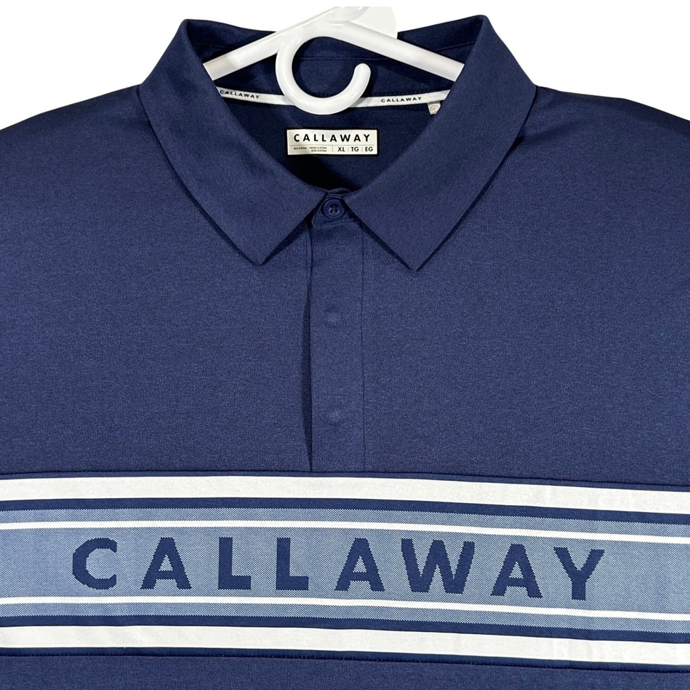 Callaway Mens XL Navy Blue Striped Logo Performance Golf Polo Shirt Spellout